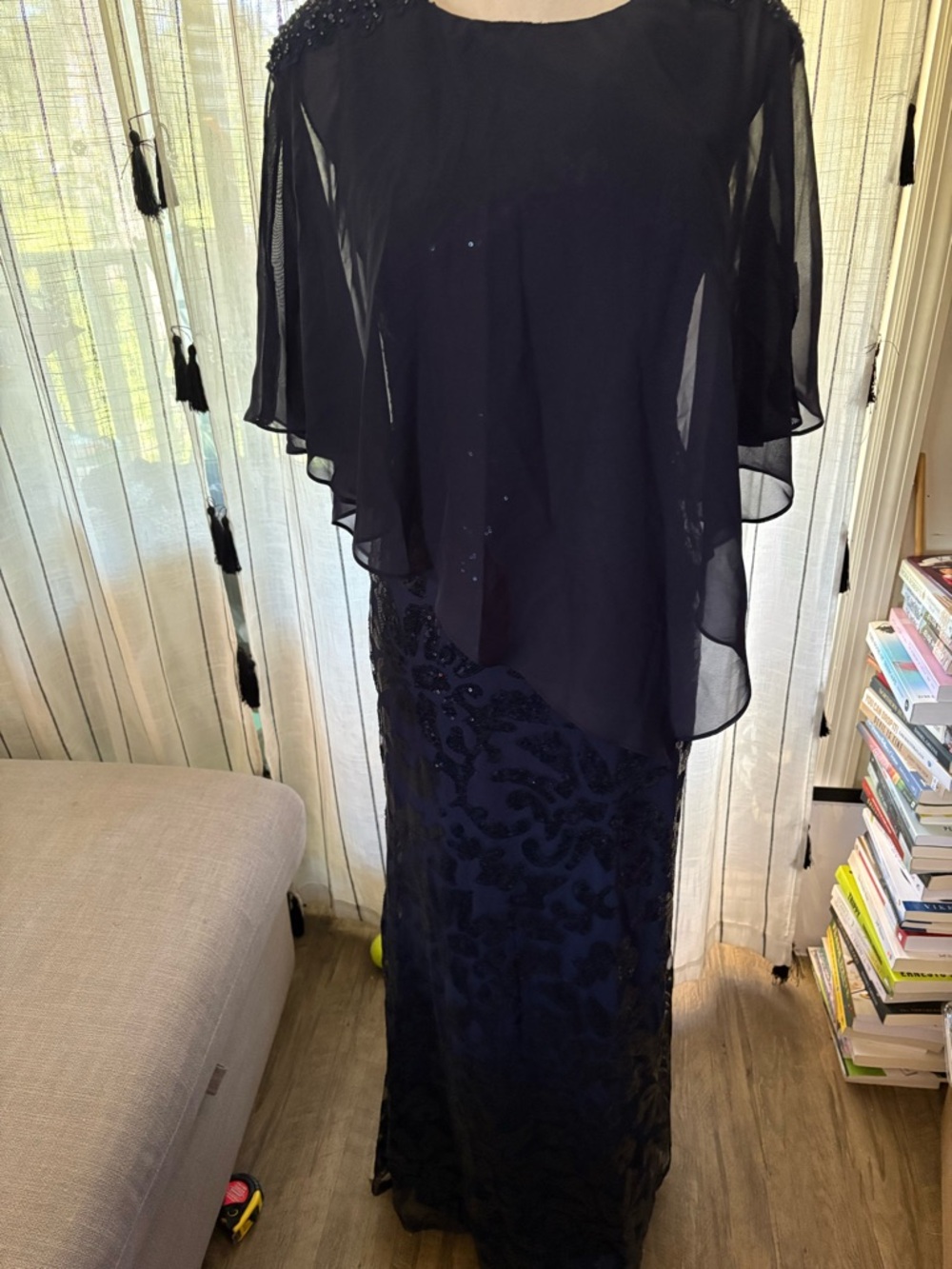Elegant Blue Beaded Maxi Dress with Sheer Capelet Overlay